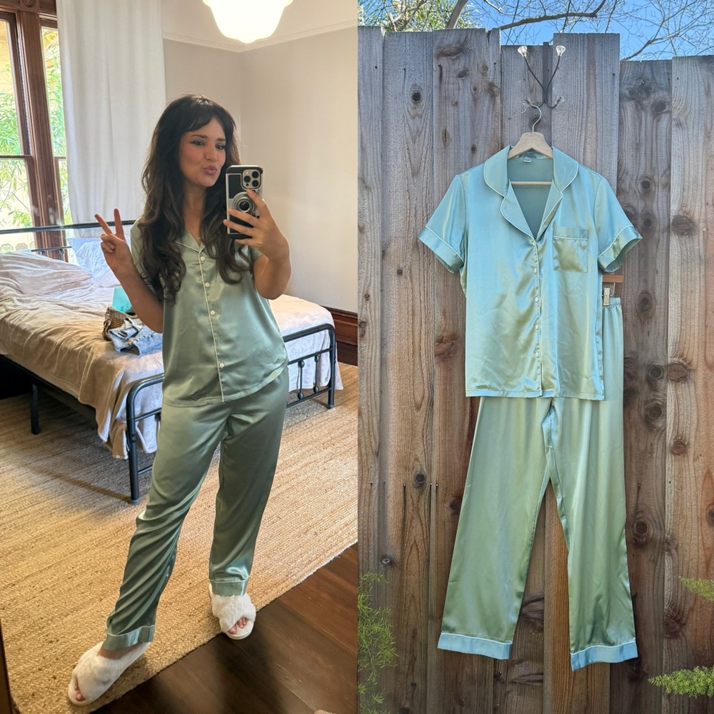 Sage Eucalyptus Silky Satin Button-Down Pajama Set 🌿